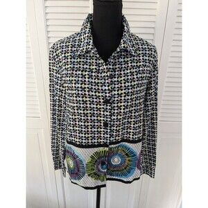 Erin London Top Women’s Sz L Geometric 70s Colorful Print Button Up Shirt Mod